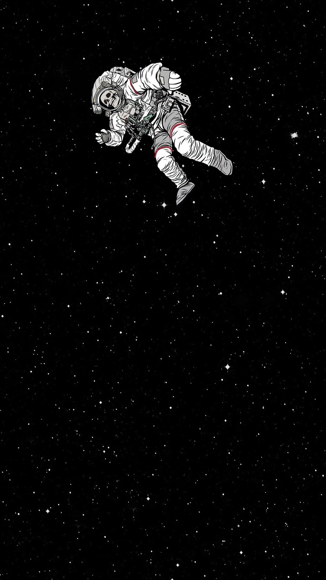 A grayscale illustration of an astronaut drifting in the vast expanse of space, surrounded by countless stars. The astronaut's helmet reveals a skull, adding a touch of mystery and intrigue to the image