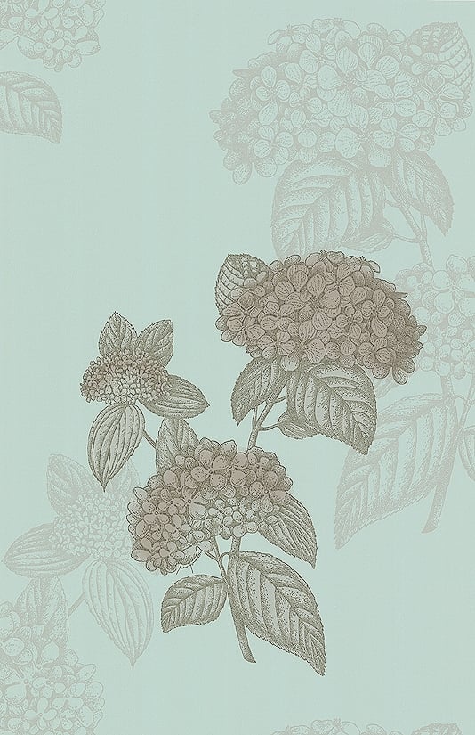 Wallpaper Hydrangea print in metallic silver and grey on a turquoise 534x825