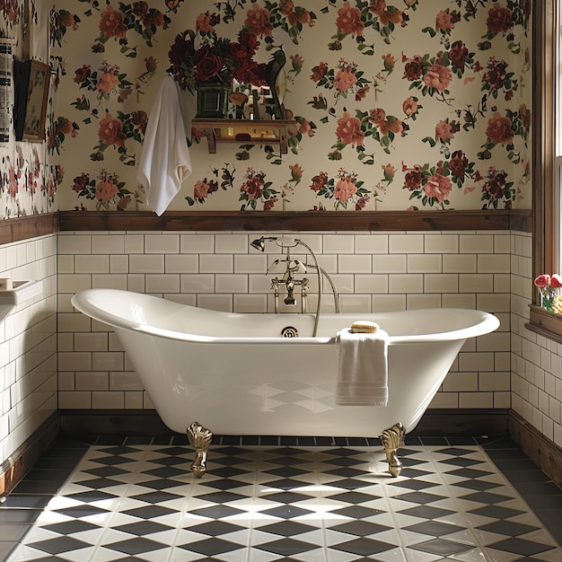 A Bathtub Is In Bathroom With Floral Wallpaper On The Wall