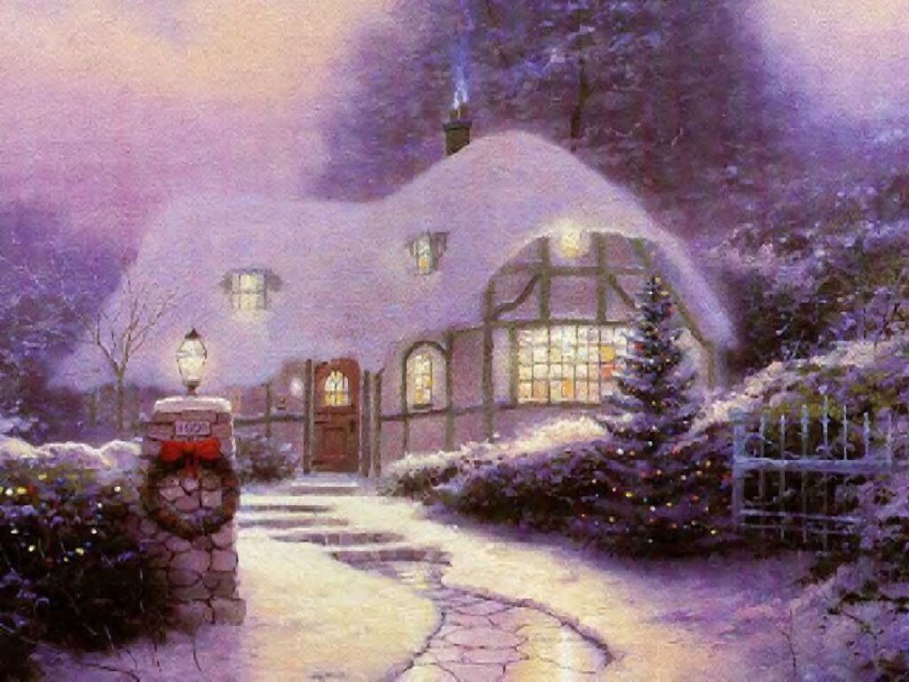 Snow Covered Cottage Christmas Landscapes Wallpaper Image