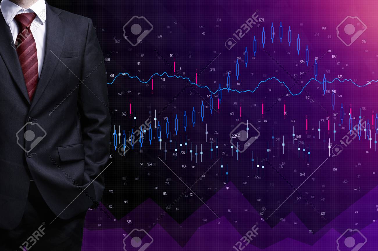 Businessman With Folded Arms On Abstract Forex Background Finance