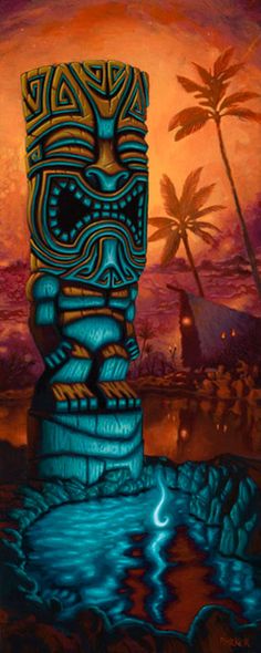 Art Gicl E Print By Brad Parker Blue Tiki Against Hawaiian Background