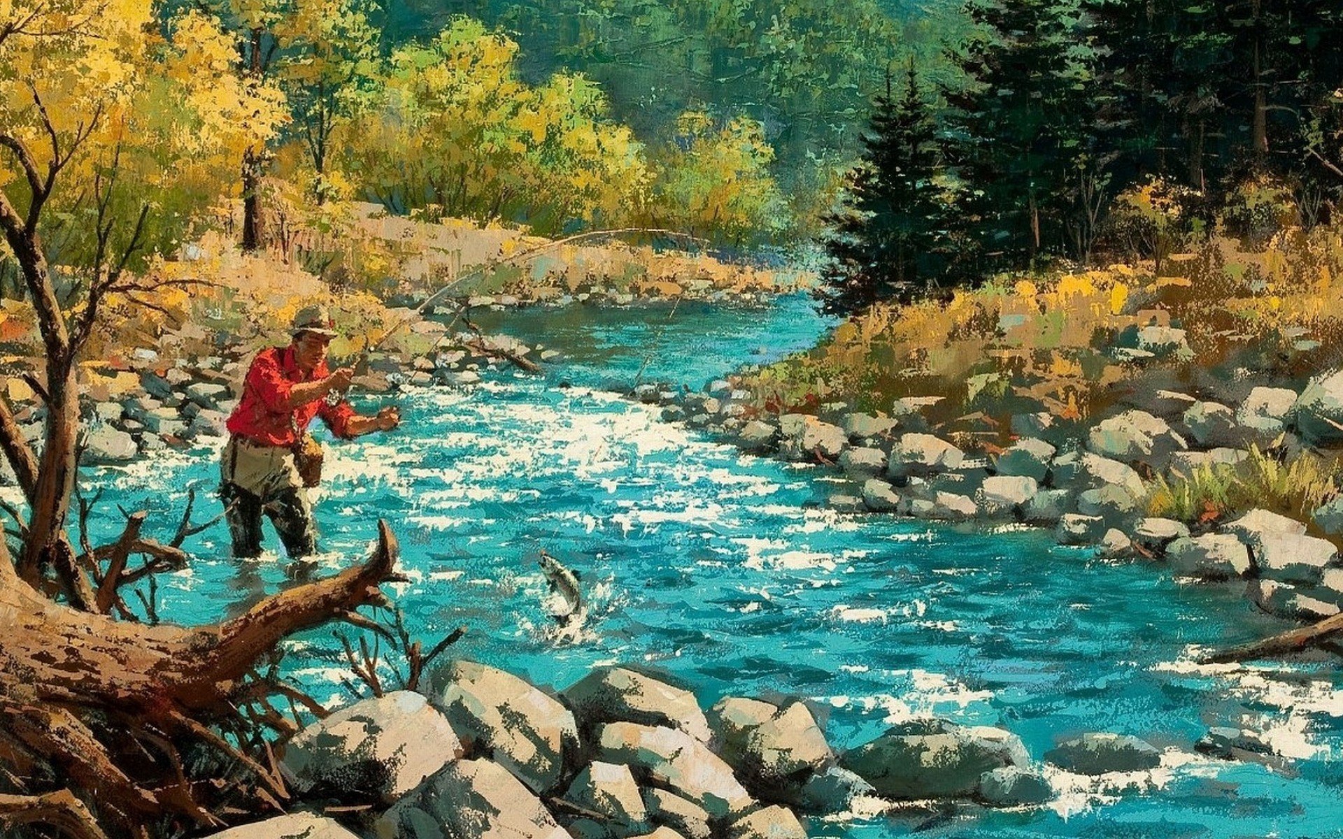 Fishing Fish Sport Fishes River Autumn Painting Artwork