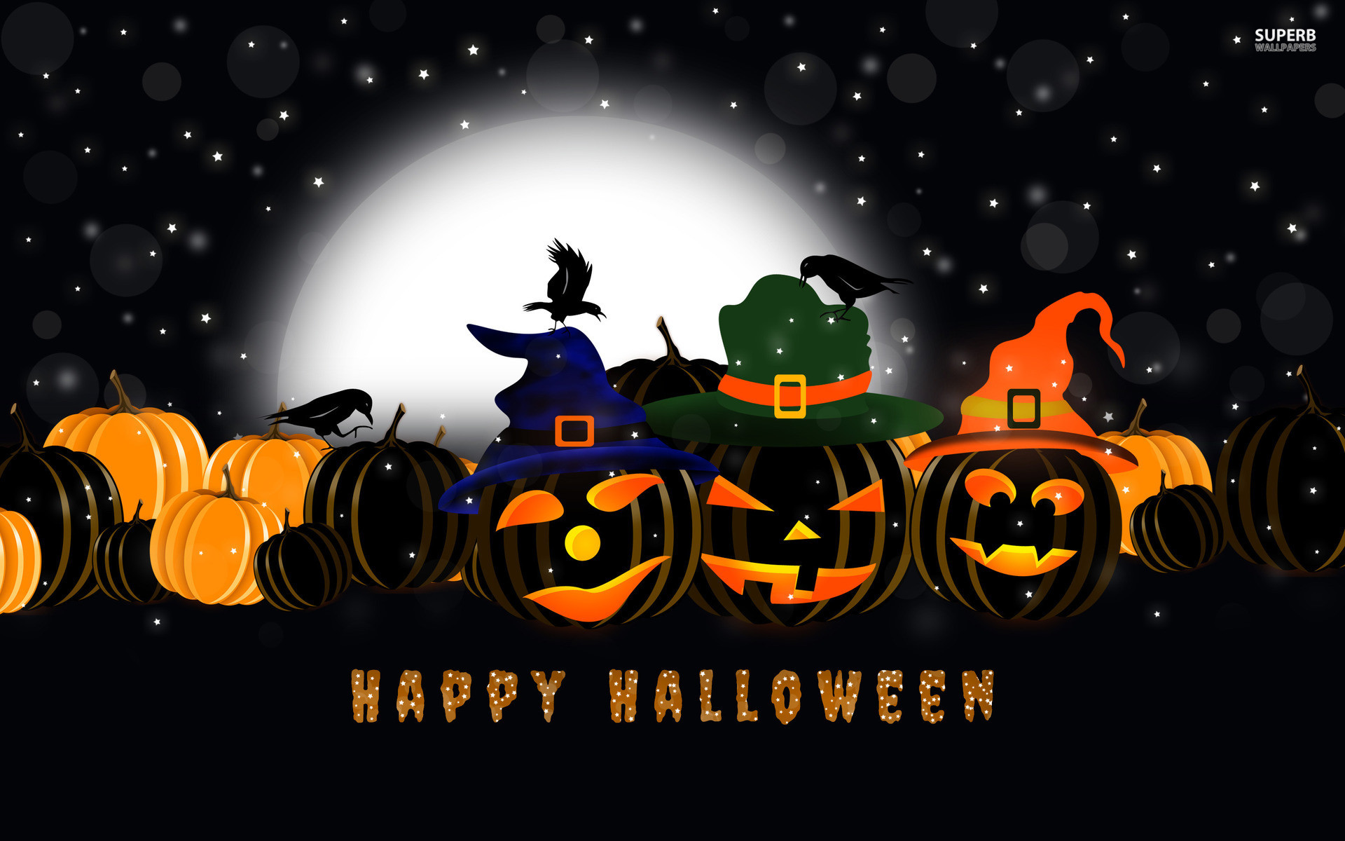 Halloween pumpkins with witch hats and crows against a starry night with a full moon