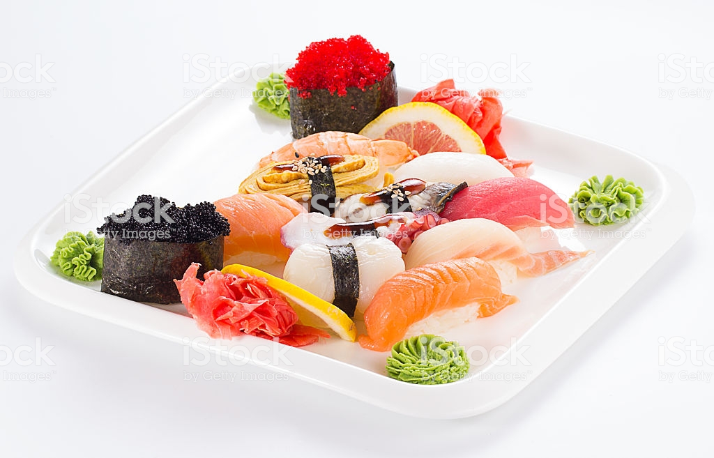 Japanesse Tasty Sushi Set Isolated On White Background Stock Photo