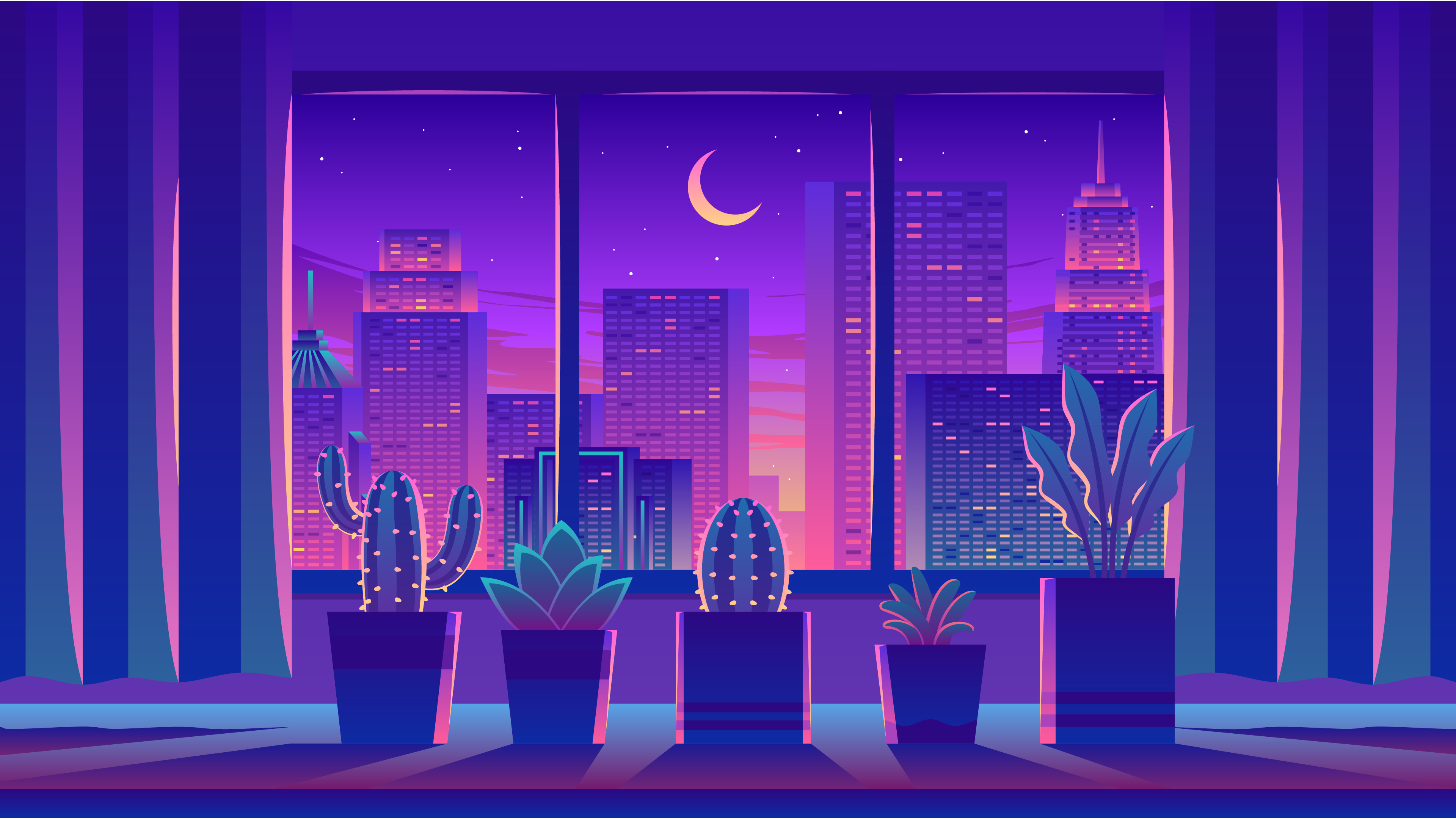 Cozy room with a view of a vibrant cityscape at night, featuring potted plants on the windowsill