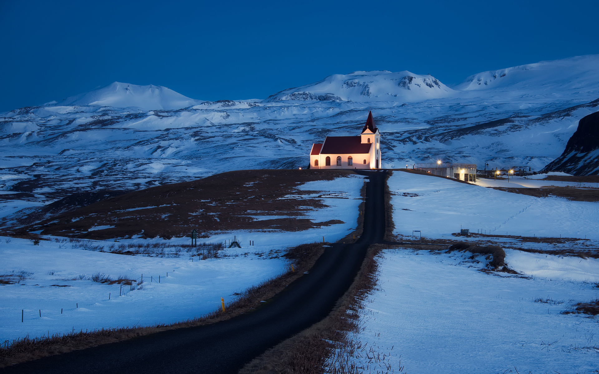 Iceland Church Light Lighting Road Hills Mountains Snow Blue Sky Night