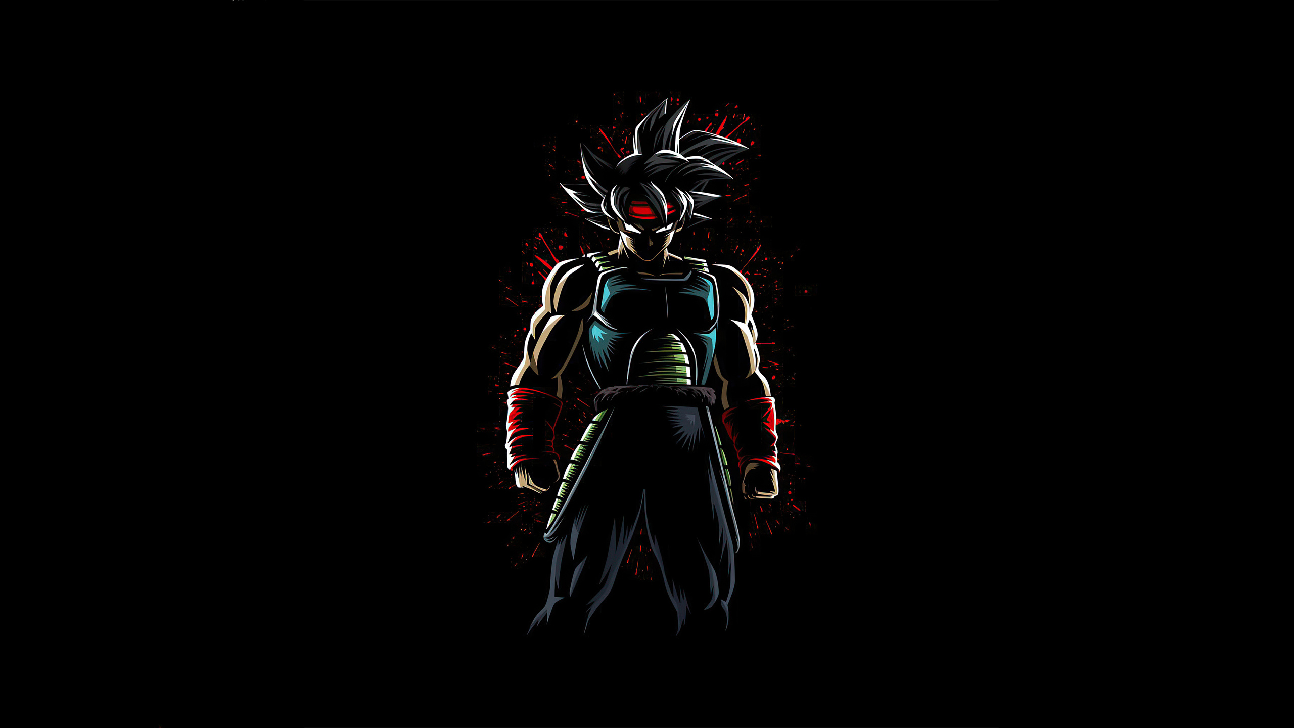 A dramatic, dark-themed illustration of Bardock, a Saiyan warrior from Dragon Ball Z, with glowing red eyes and spiky gray hair. He stands powerfully against a black background, wearing his signature teal and green Saiyan armor