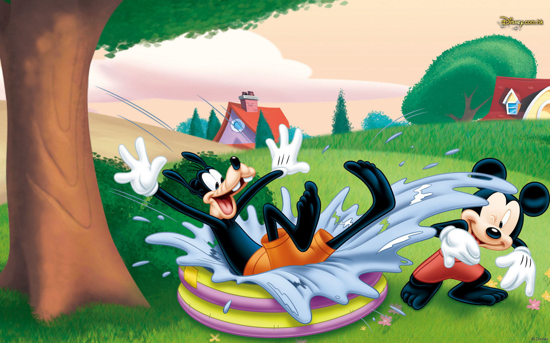 Goofy splashing Mickey Mouse in a kiddie pool in a cheerful outdoor scene, a fun depiction of classic Disney characters