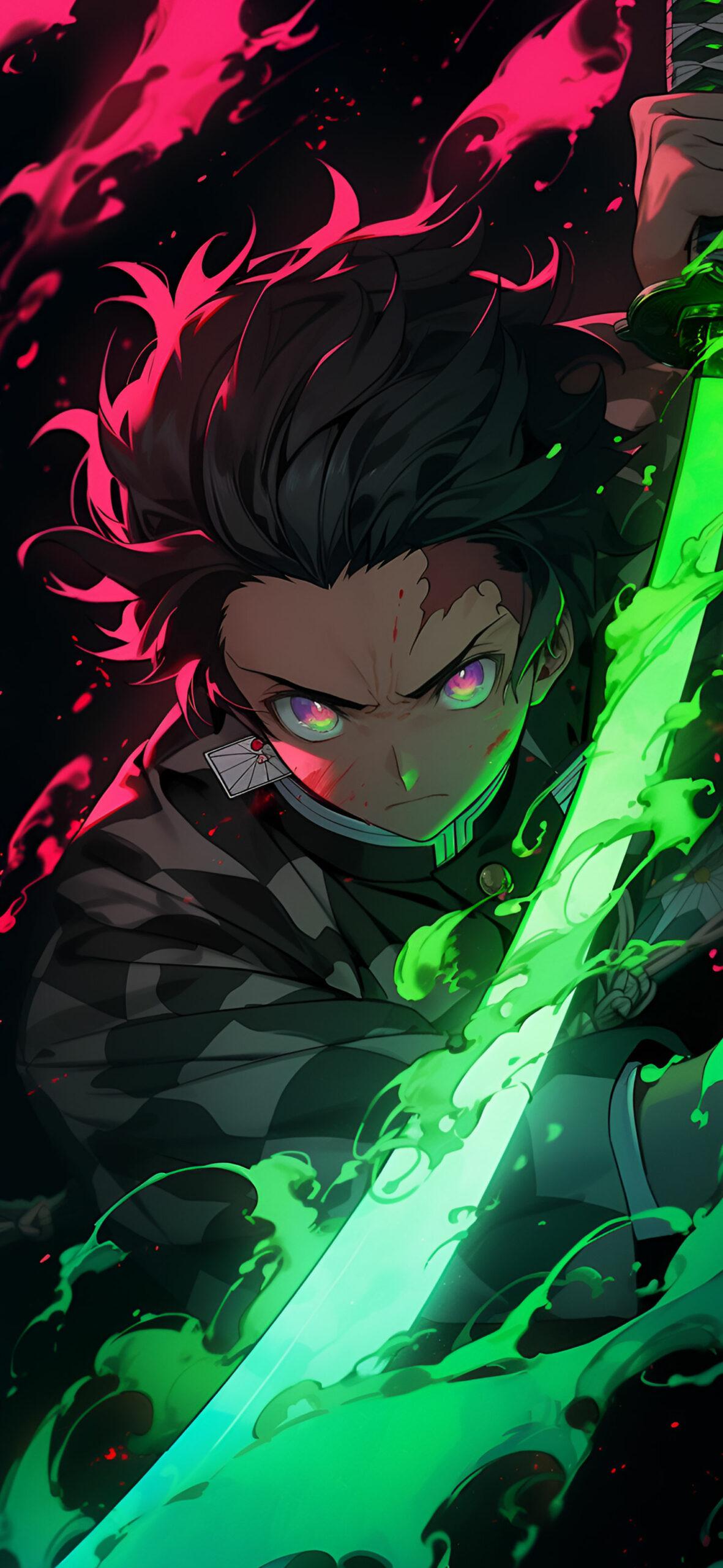 Tanjiro with Green Neon Anime Wallpaper Demon Slayer Wallpaper