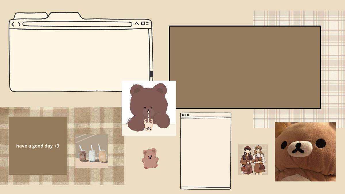Cute Brown Bear Desktop Organizer In Wallpaper