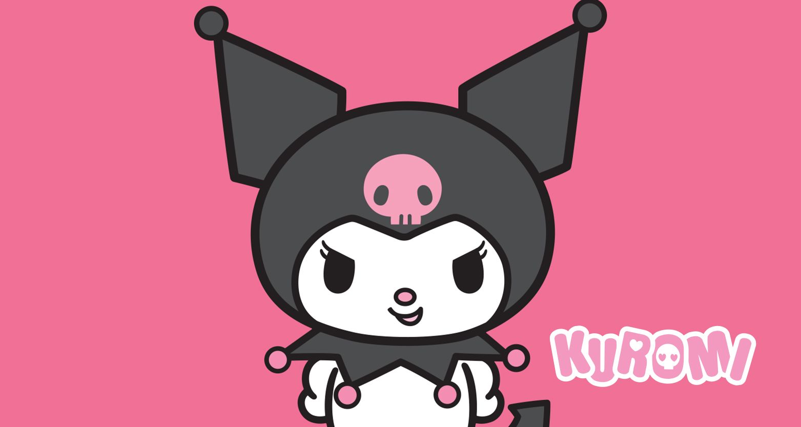 Kuromi, the mischievous Sanrio character, in her signature black jester's hood with a pink skull on a vibrant pink background