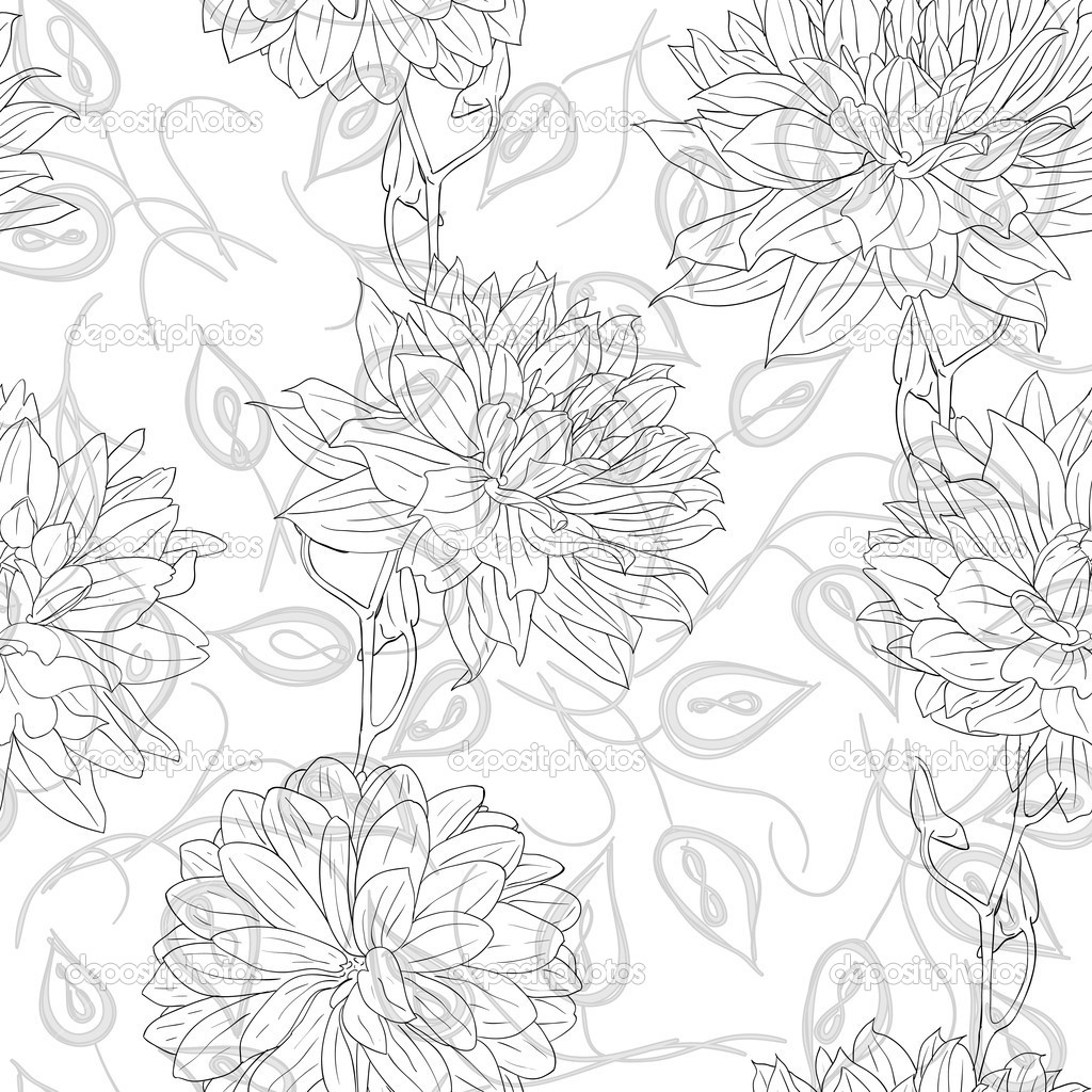 Hand Drawn Floral Wallpaper With Set Of Different Flowers Stock