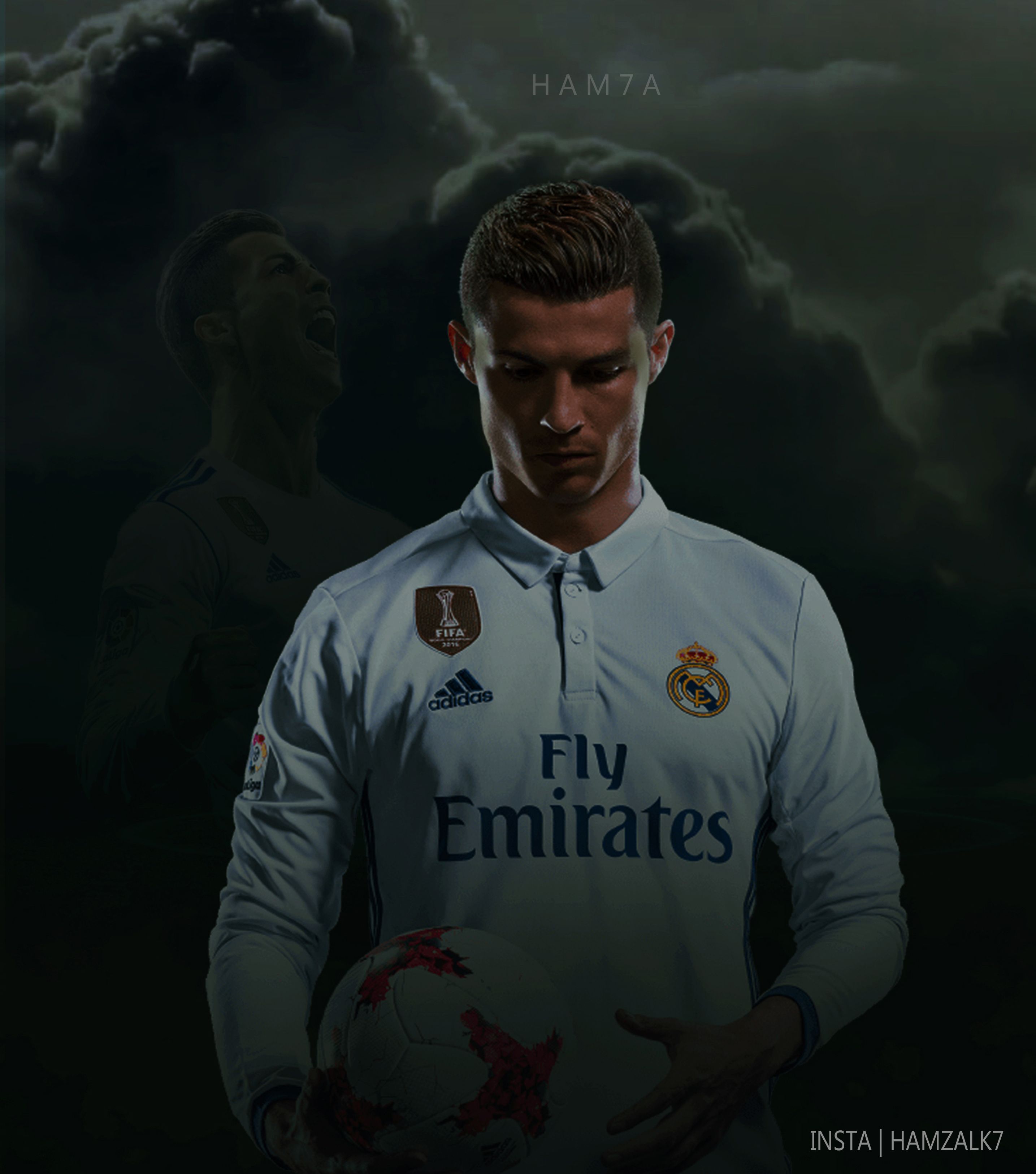 Cristiano Ronaldo in a Real Madrid jersey, holding a soccer ball, with a dramatic cloudy sky background
