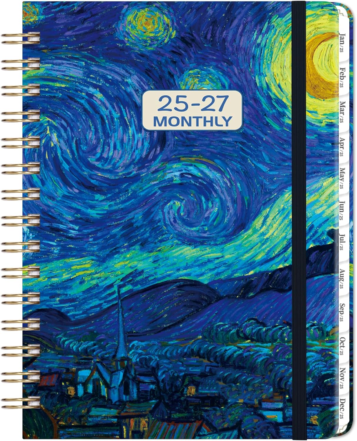 A 2025-2027 monthly planner with a spiral binding and a Van Gogh's 