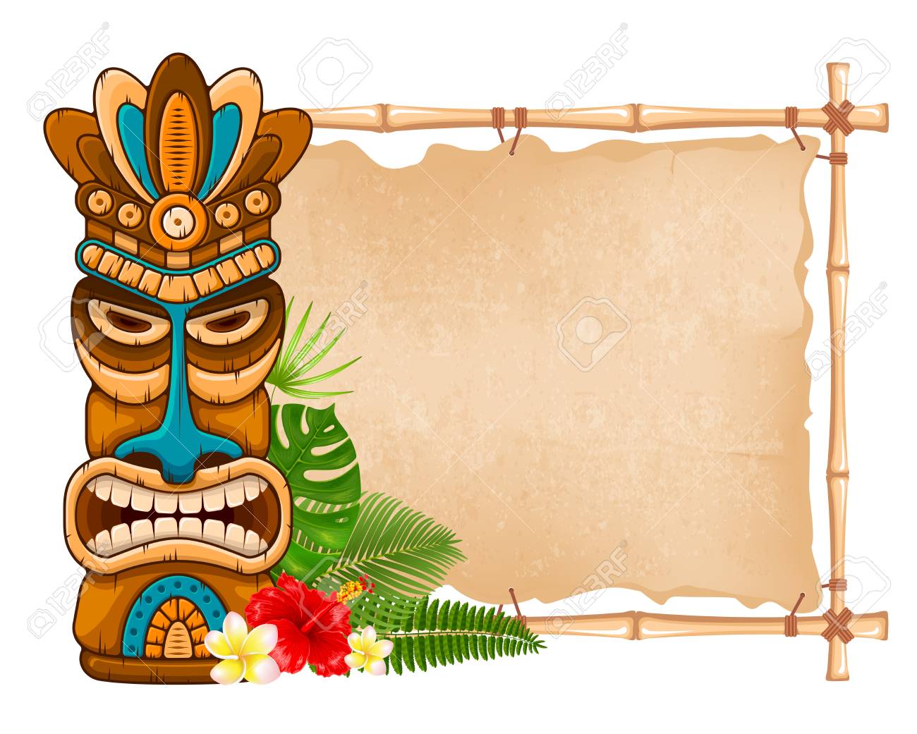 Tiki Tribal Wooden Mask Tropical Exotic Plants And Bamboo