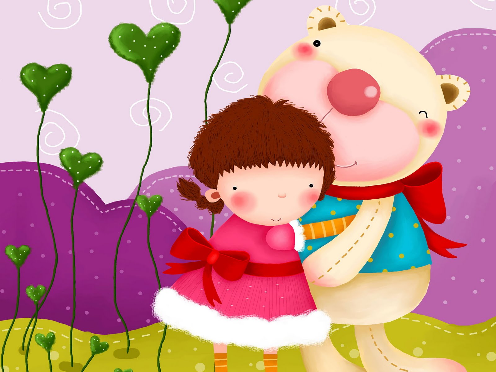 A cute cartoon illustration of a little girl and a teddy bear hugging, set against a whimsical backdrop of heart-shaped plants and a purple landscape