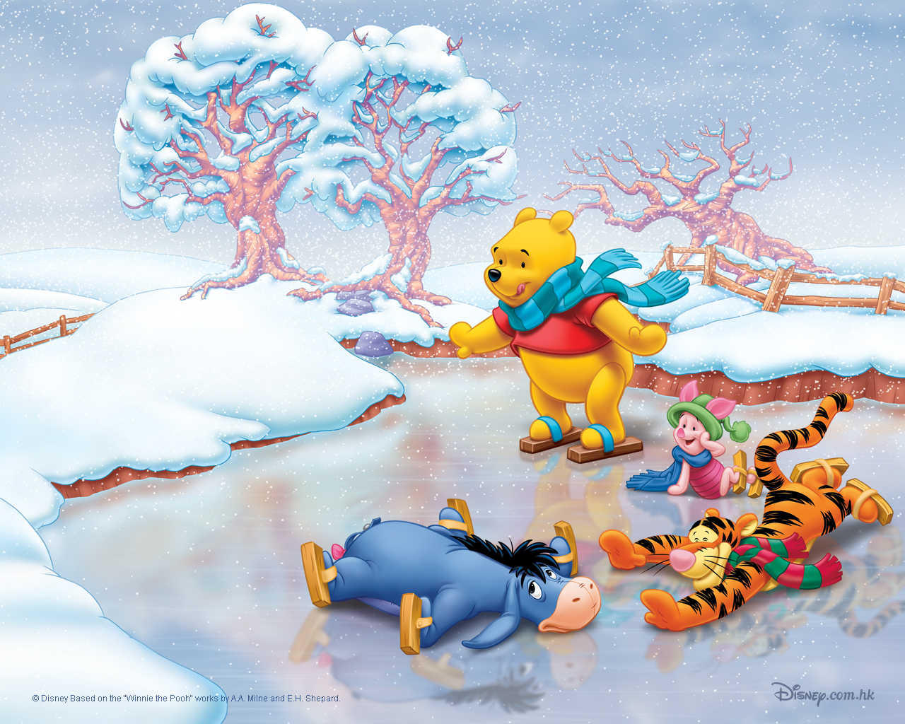 Winnie The Pooh Ice Skating Christmas Wallpaper