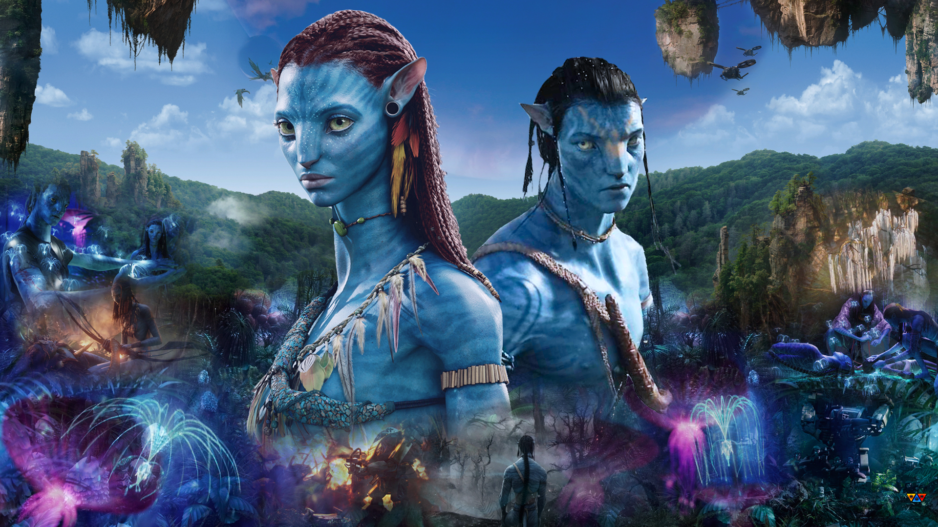 Avatar movie poster featuring Jake Sully and Neytiri with Pandora's lush landscape in the background