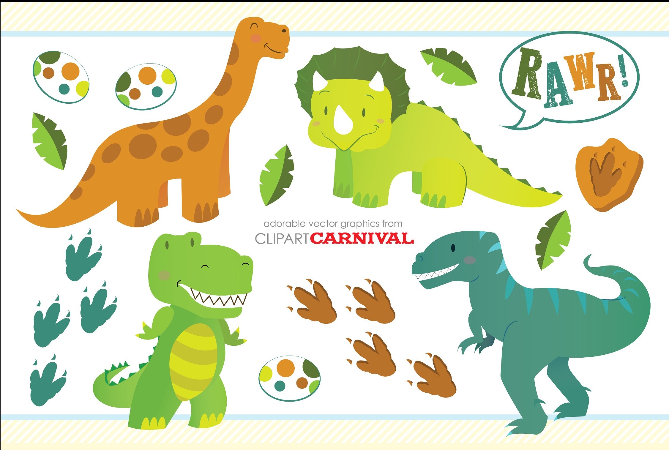 Cute cartoon dinosaurs illustration for kids, featuring a brontosaurus, triceratops, T-Rex, and crocodile, along with dinosaur eggs and footprints