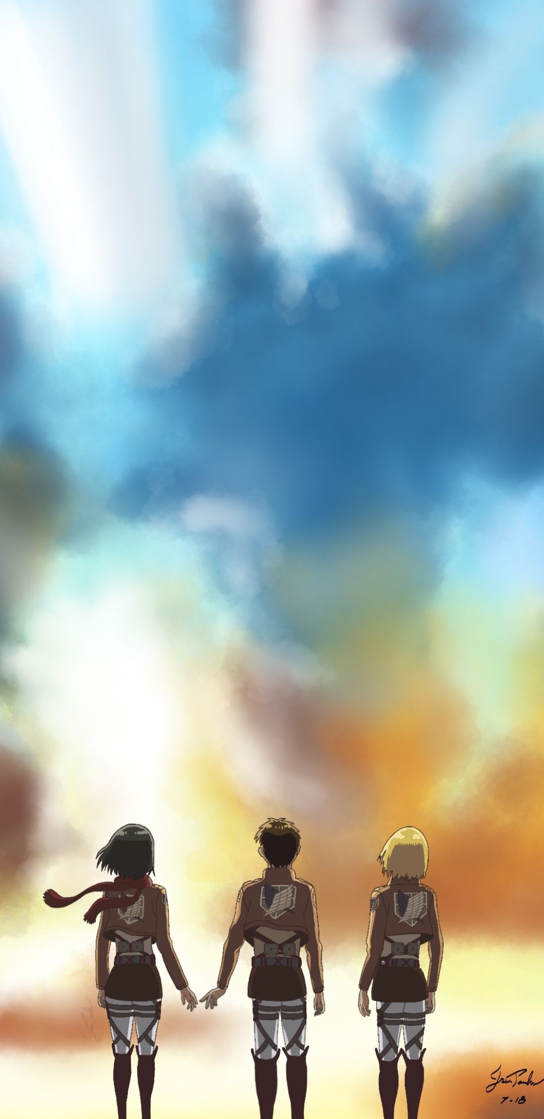 Three characters from Attack on Titan stand against a vibrant sky, symbolizing freedom and hope