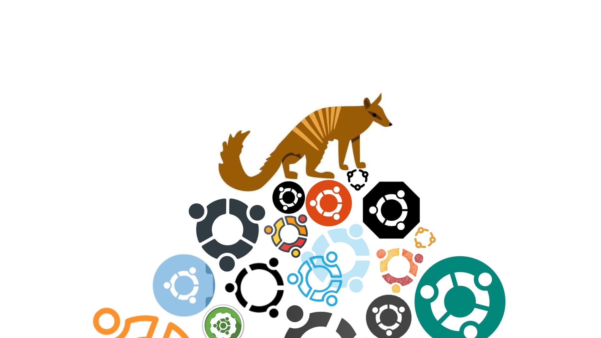 A numbat, the emblem of the Ubuntu operating system, stands atop a collection of Ubuntu logos in various colors and styles