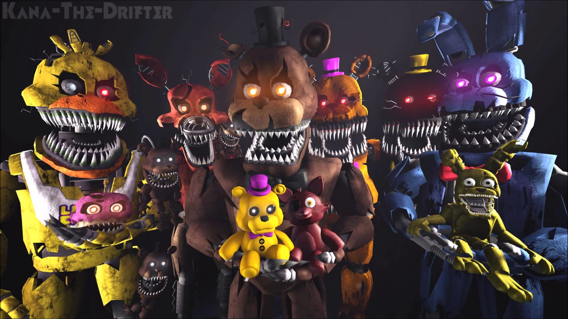 A digital fan art depicting a group of animatronic characters from the Five Nights at Freddy's (FNAF) video game series. The characters, including Freddy Fazbear, Bonnie, Chica, and Foxy, are shown with sharp teeth and glowing eyes, creating a menacing atmosphere