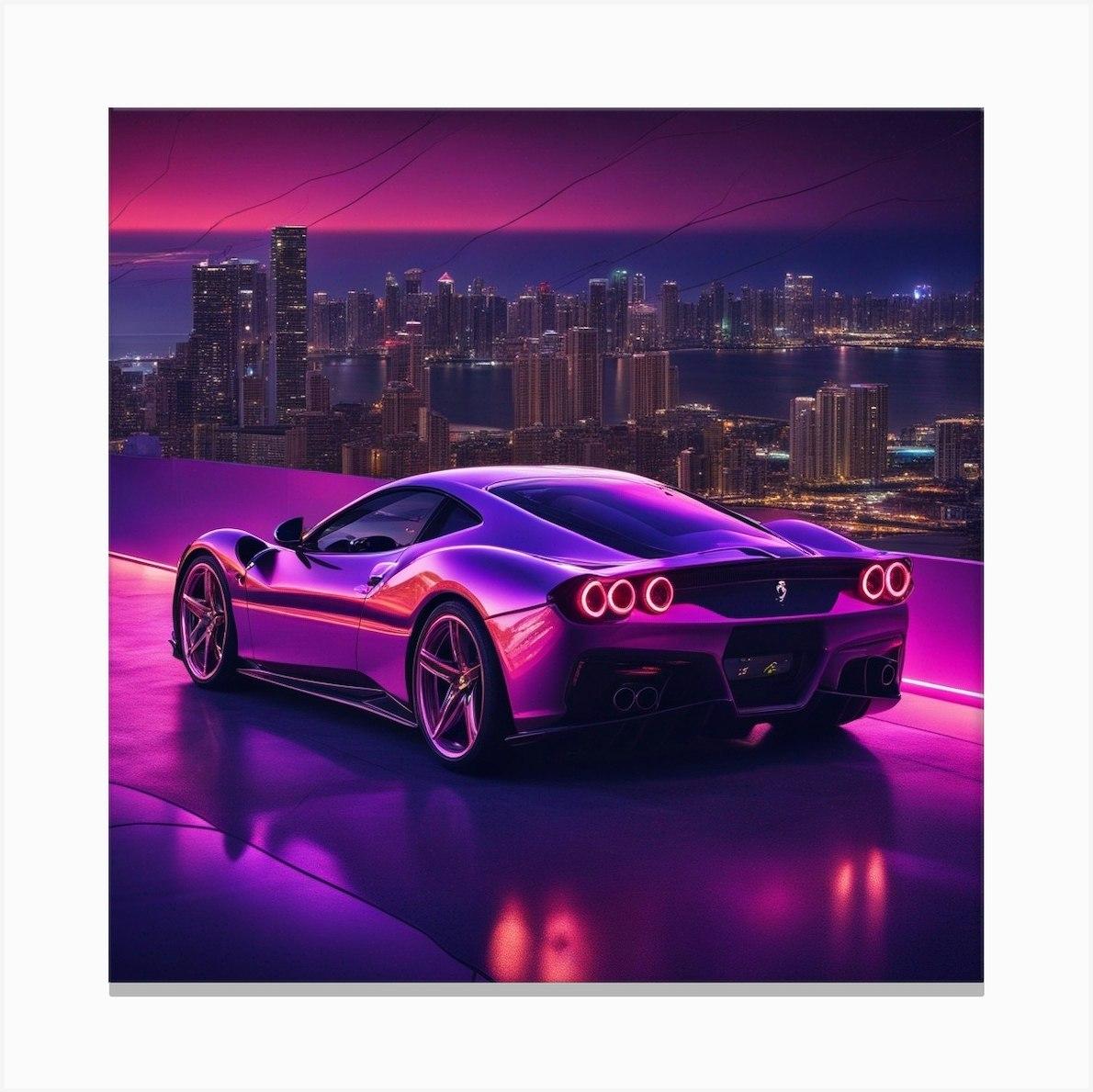 Ferrari Car Overlooking The Miami Skyline At Night S Print By
