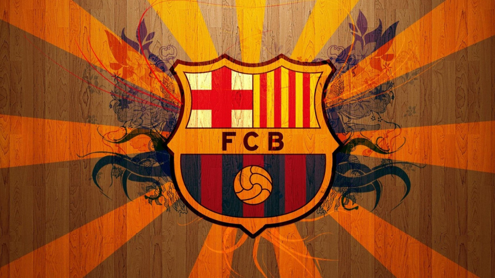 FC Barcelona logo on a wooden background with a sunburst effect. Perfect for 4k wallpapers