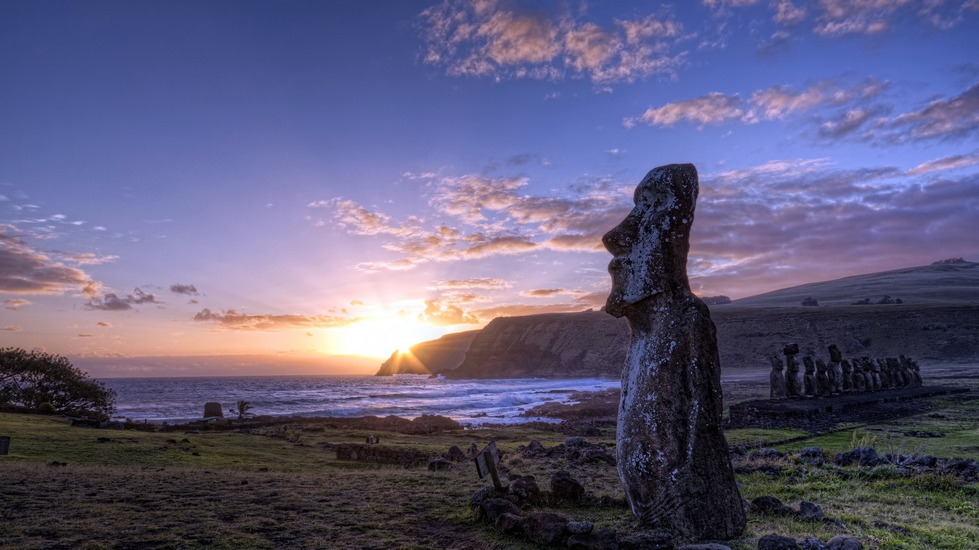 Nature Sunset Landscape Statue Moai Easter Island