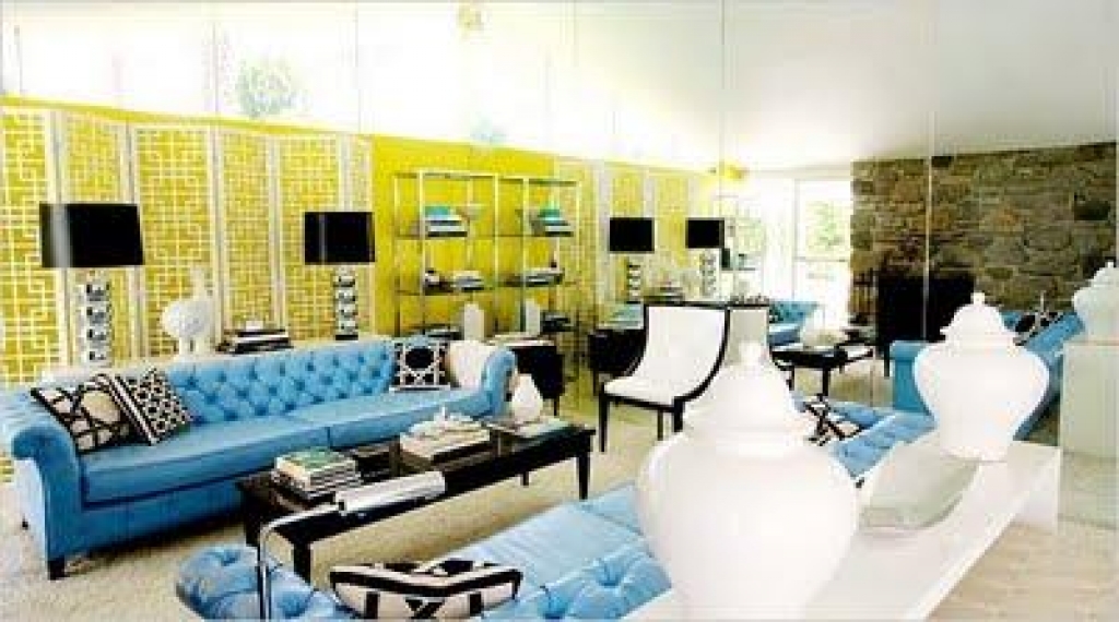 Yellow Wallpaper White Ginger Jars Blue Living Room