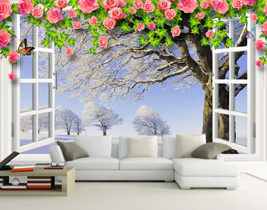 Fashion House Living Room Wallpaper White Window Winter Scene Vine