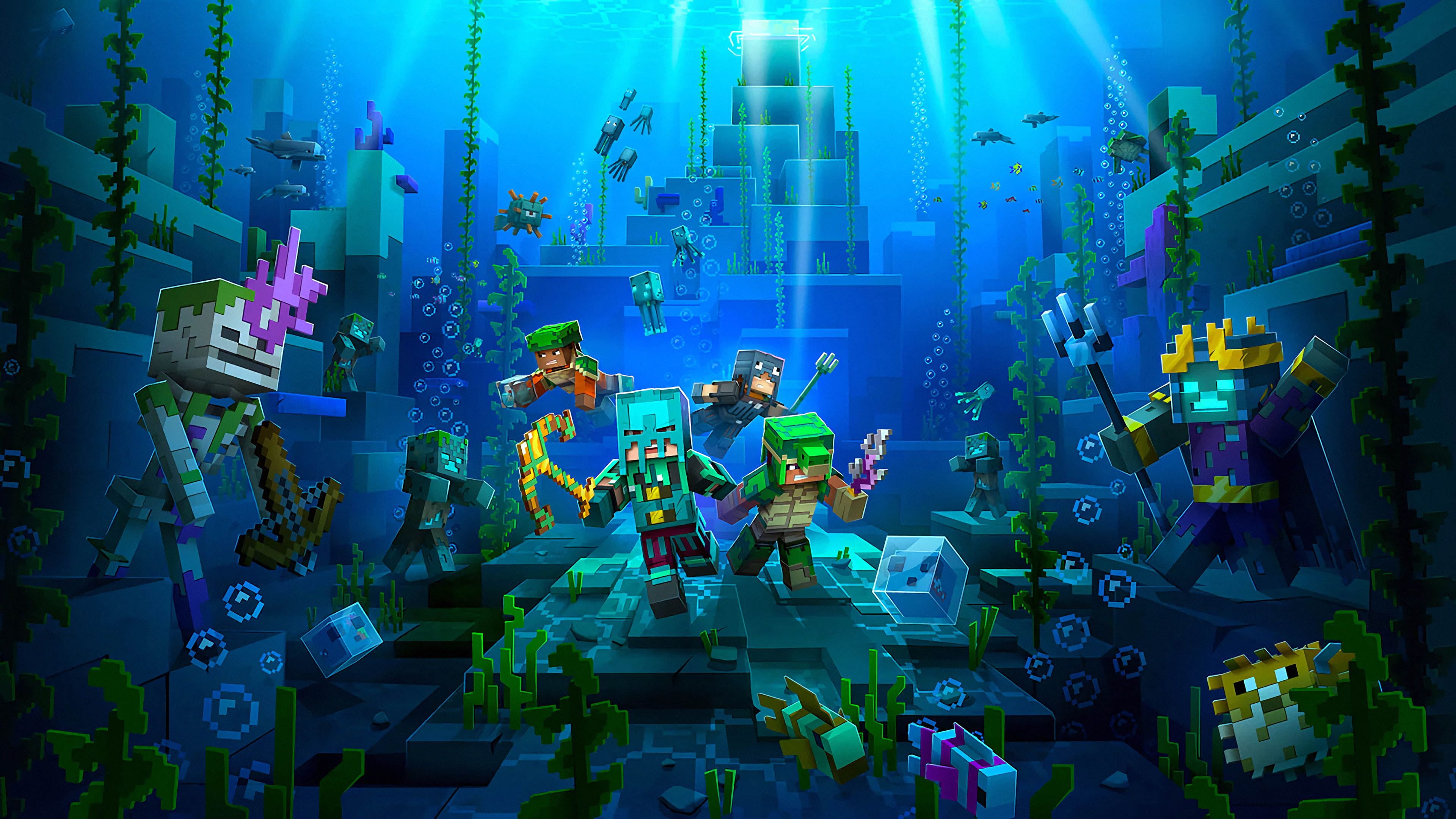 A vibrant underwater scene in Minecraft, featuring diverse marine life, player characters in action, and a looming underwater temple in the background