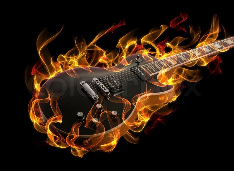 Gitarre In Feuer Und Flammen Auf Schwarzem Hintergrund Stock Foto