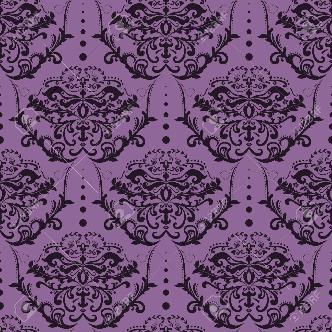 Purple And Black Seamless Damask Wallpaper Floral Pattern