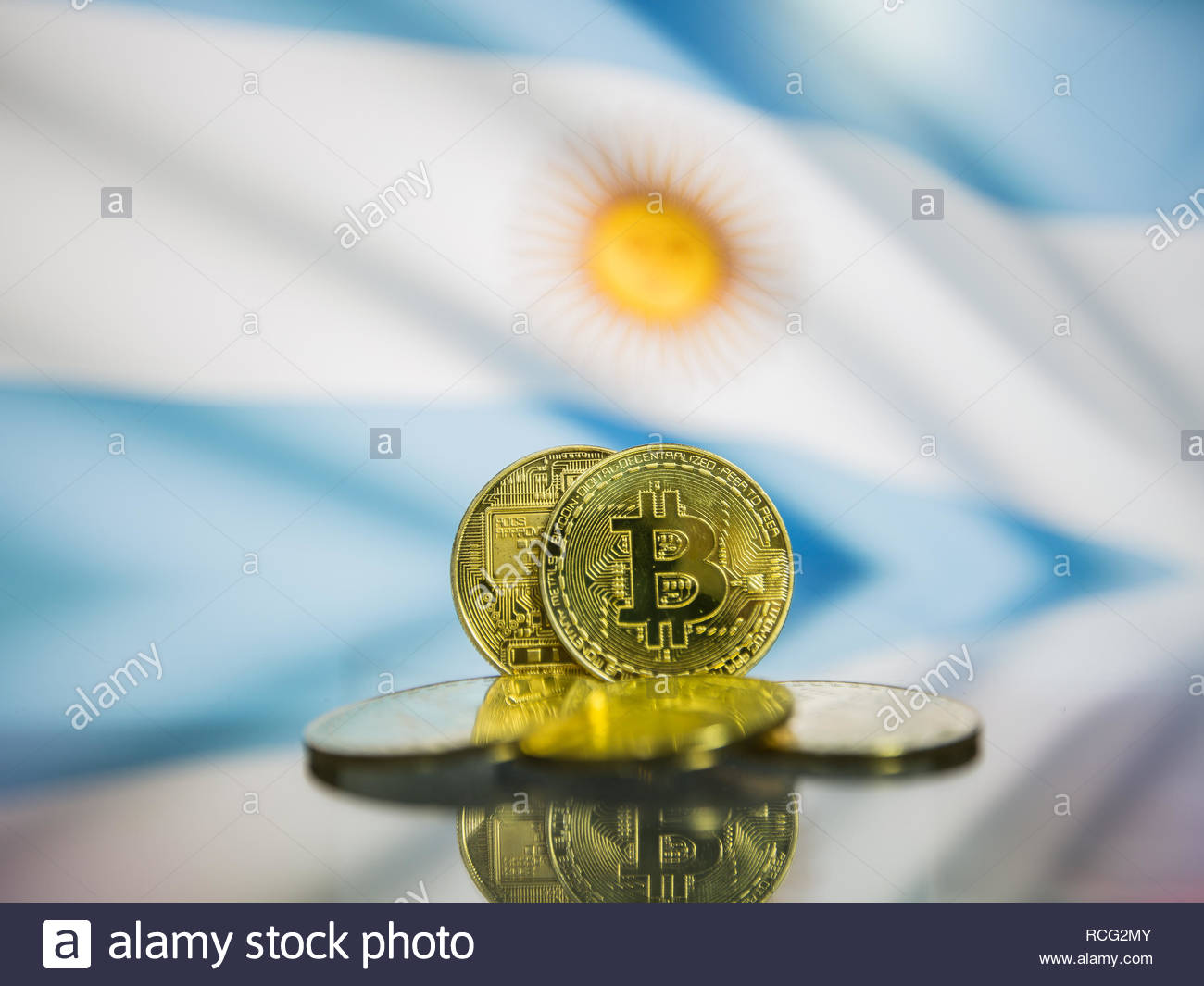 Bitcoin Gold Coin And Defocused Flag Of Argentina Background