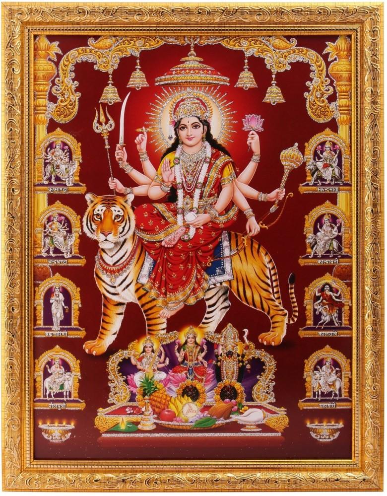 Silver Zari Work Photo Of Nav Durga In Golden Frame Big Paper