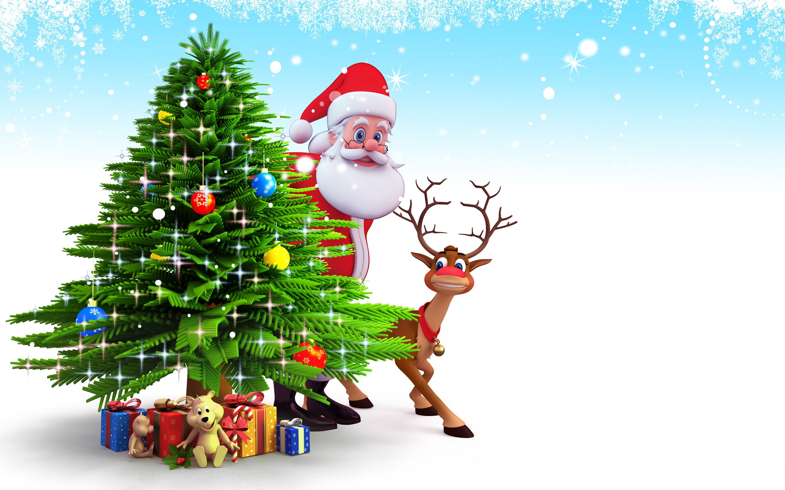 Santa Claus And Reindeer Behind Christmas Tree Gifts