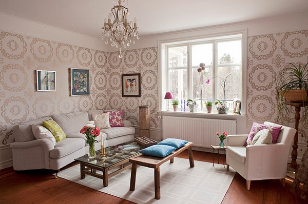 Ruang Tamu Dengan Wallpaper Dinding Rancangan Desain Rumah Minimalis