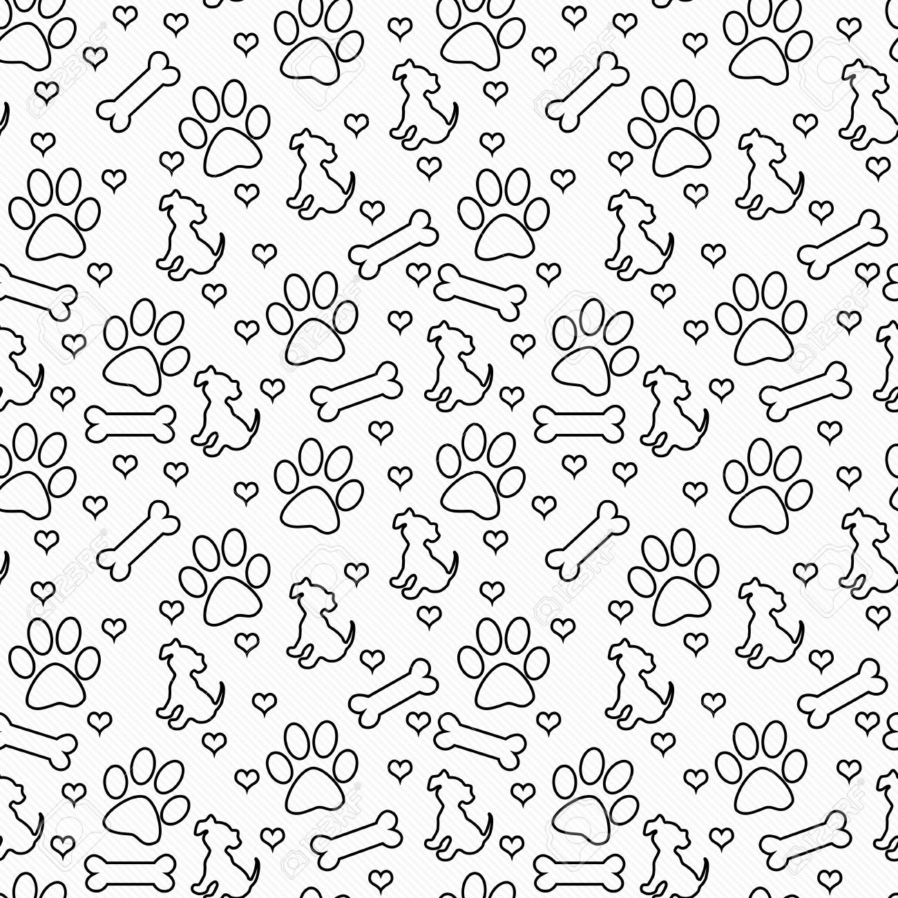 Black And White Dog Paw Prints Puppy Bone Hearts Tile