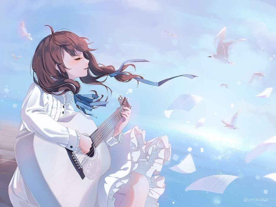 Anime Girl Guitar Instrument Birds White Dress Singing Windy Brown