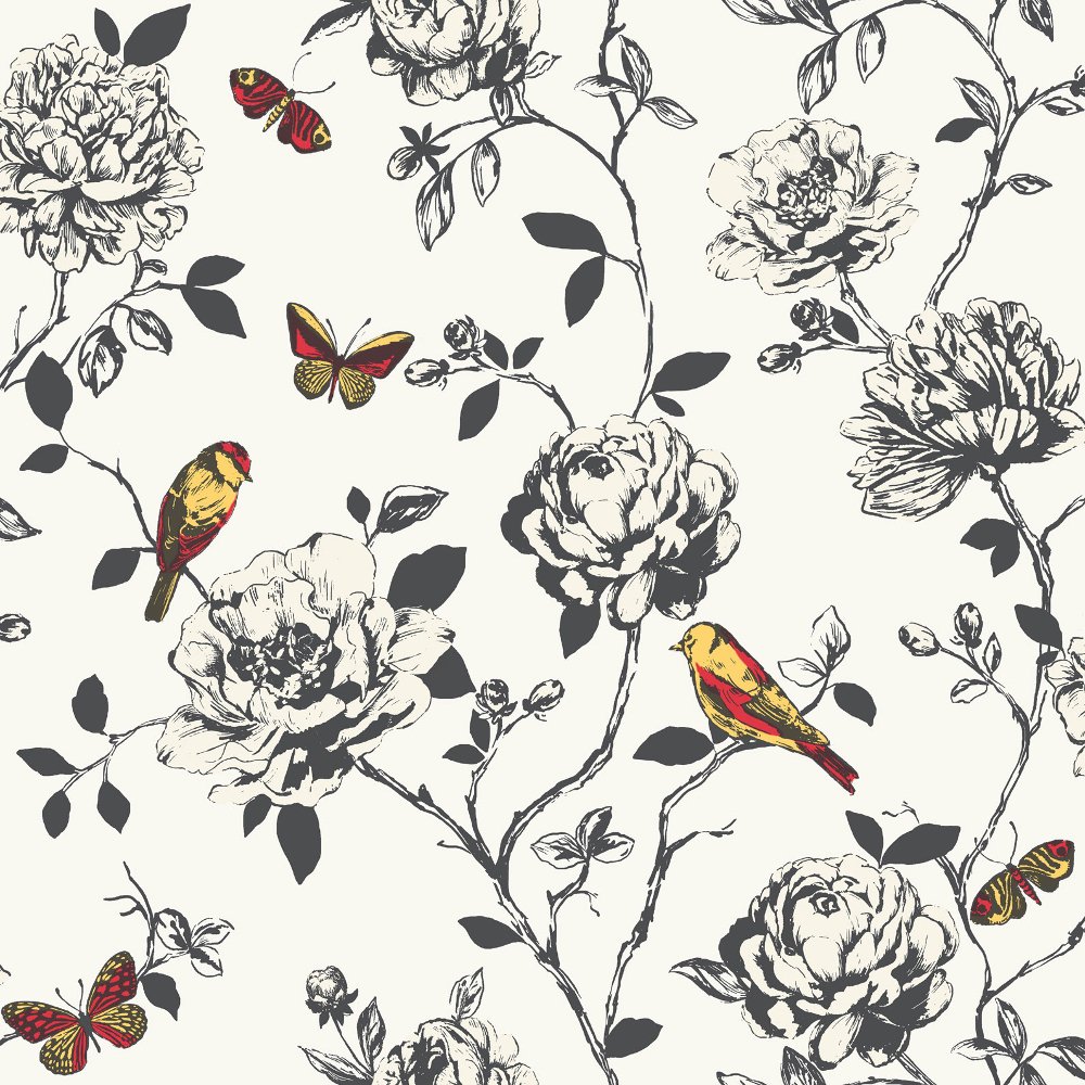 Flower Bird Butterfly Floral Pattern Silver Glitter Wallpaper