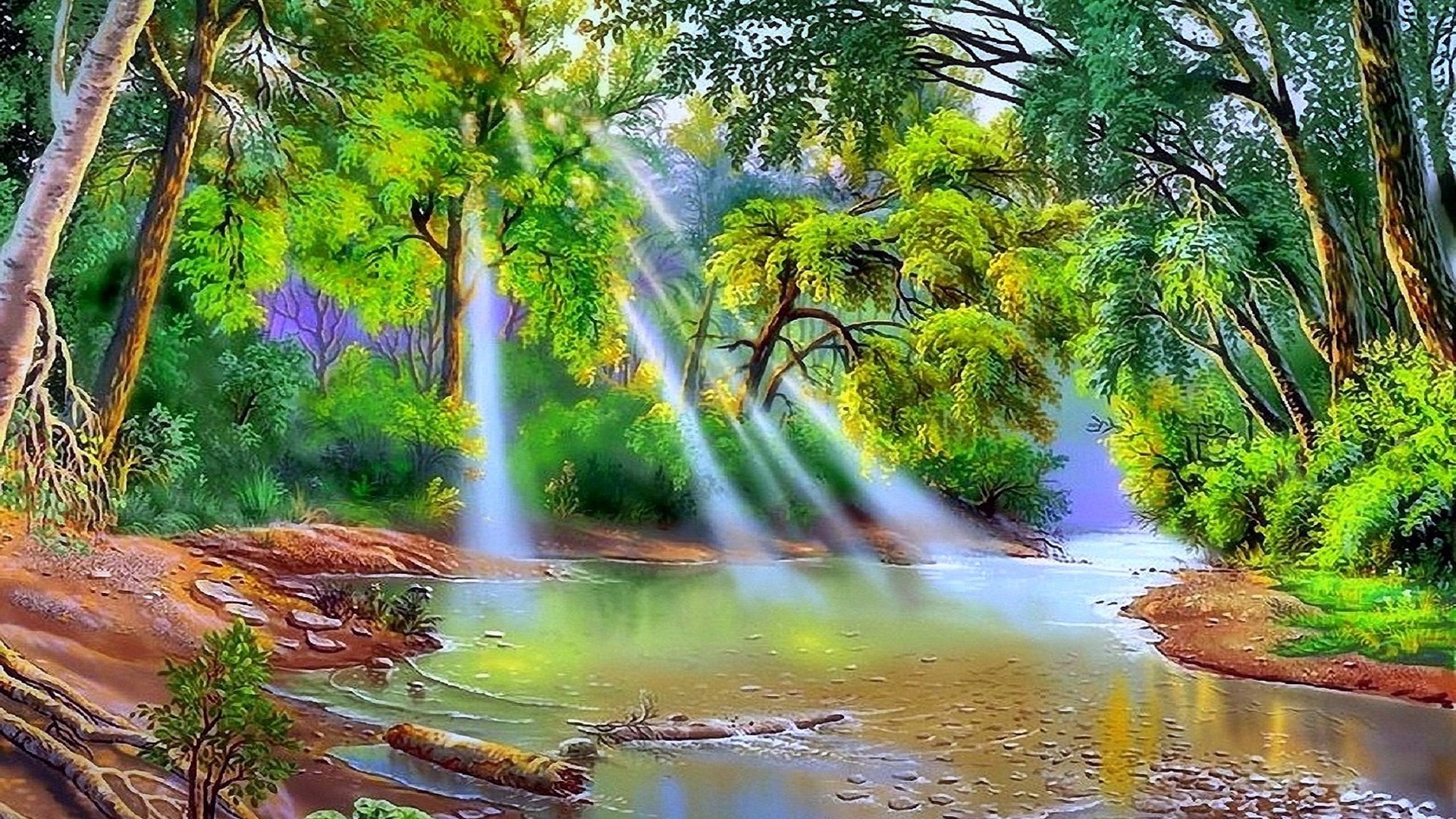 Nature River Trees With Green Leaves Sun Rays Art HD Wallpaper