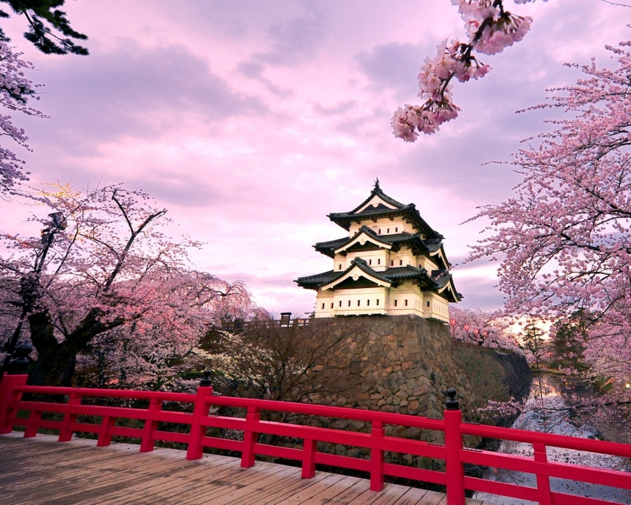 Cherry Blossoms Temples Japanese Bridge Wallpaper