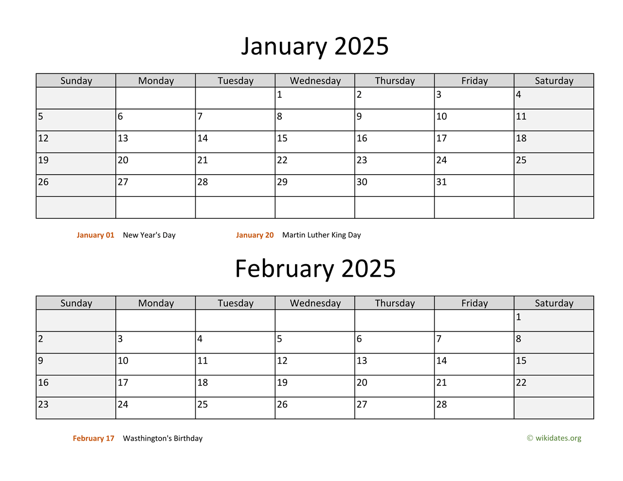 February 2025 calendar with holidays highlighted. It also includes the January 2025 calendar