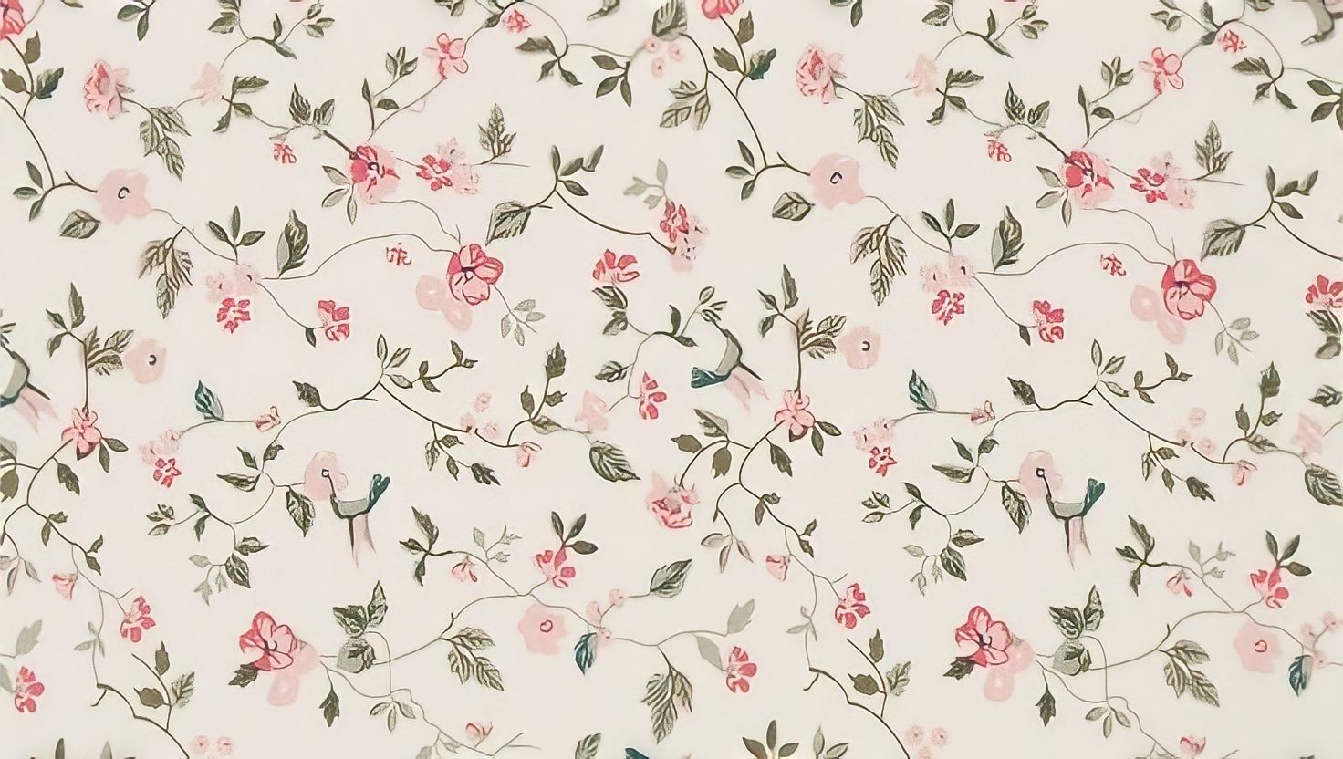 A vintage-style wallpaper design for computers, featuring a delicate floral pattern with intertwining vines, pink flowers, and small, stylized birds on a cream background