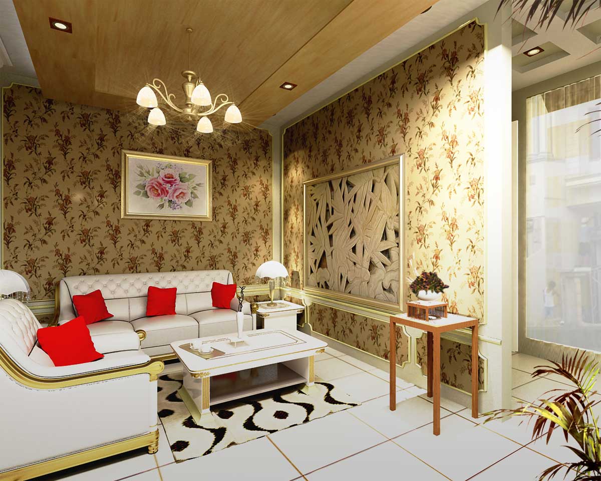 Wallpaper Ruang Tamu Motif Emas Dengan Sofa Tamu Putih Minimalis