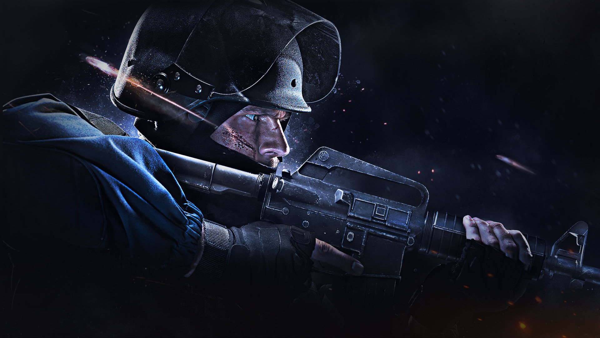 A Counter-Strike: Global Offensive player in a tactical helmet and dark uniform aims an M4A4 rifle in a firefight, sparks flying around them