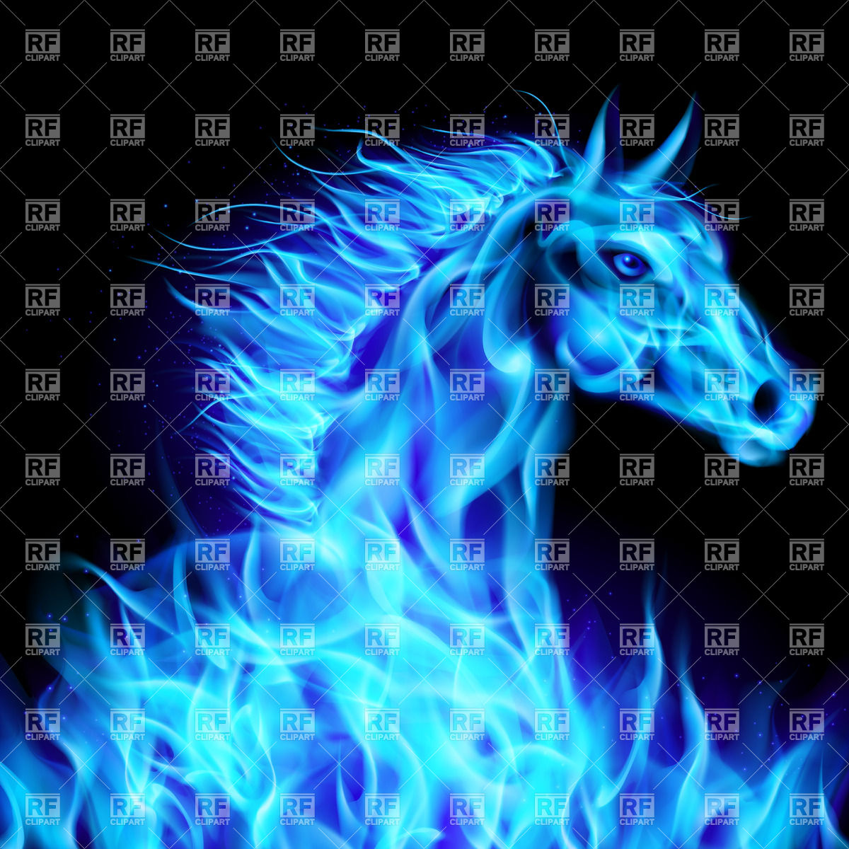 Head Of Blue Fire Horse On Black Background Plants And Animals