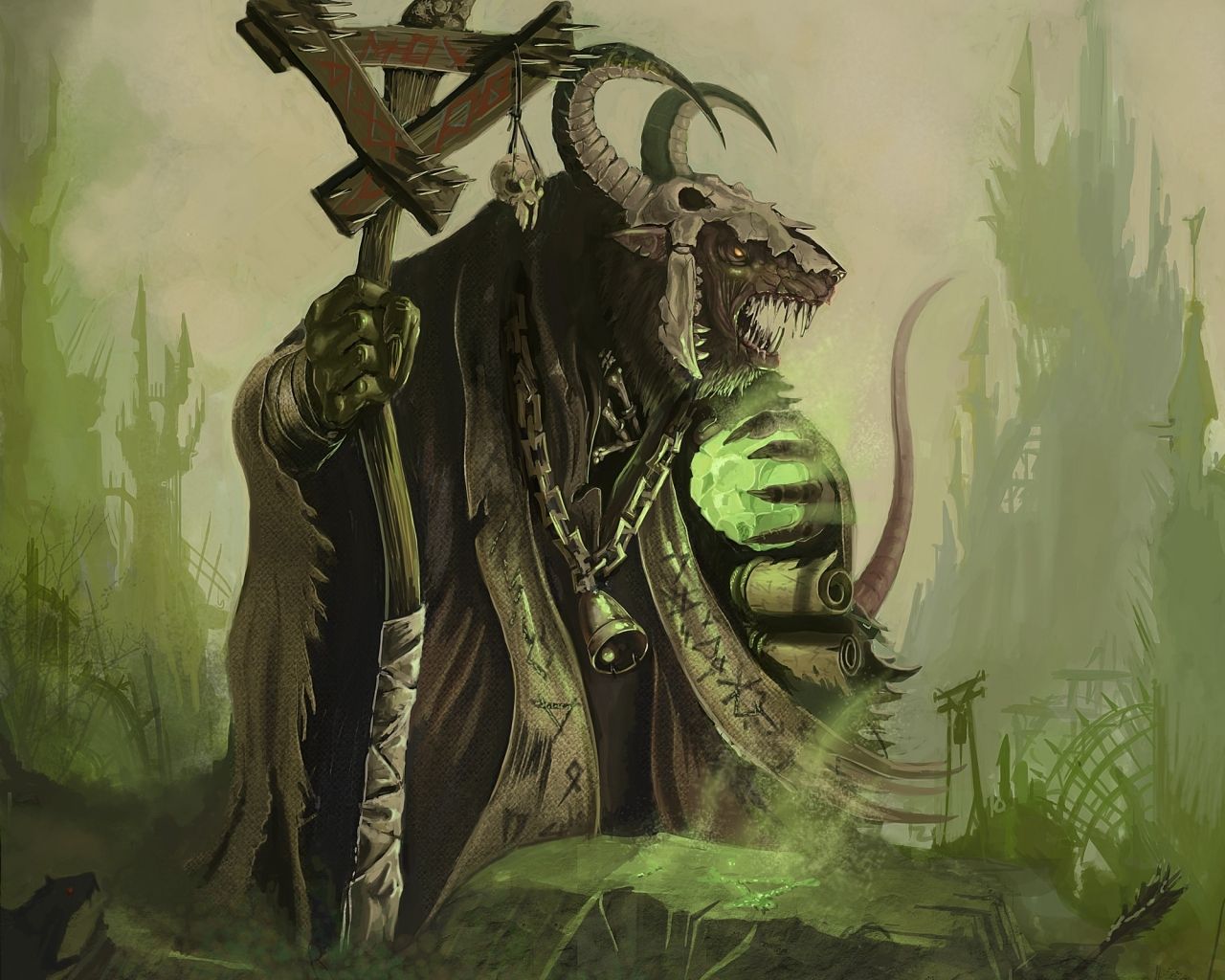 Skulls Warhammer Horns Fantasy Art Artwork Rats Skaven Staff